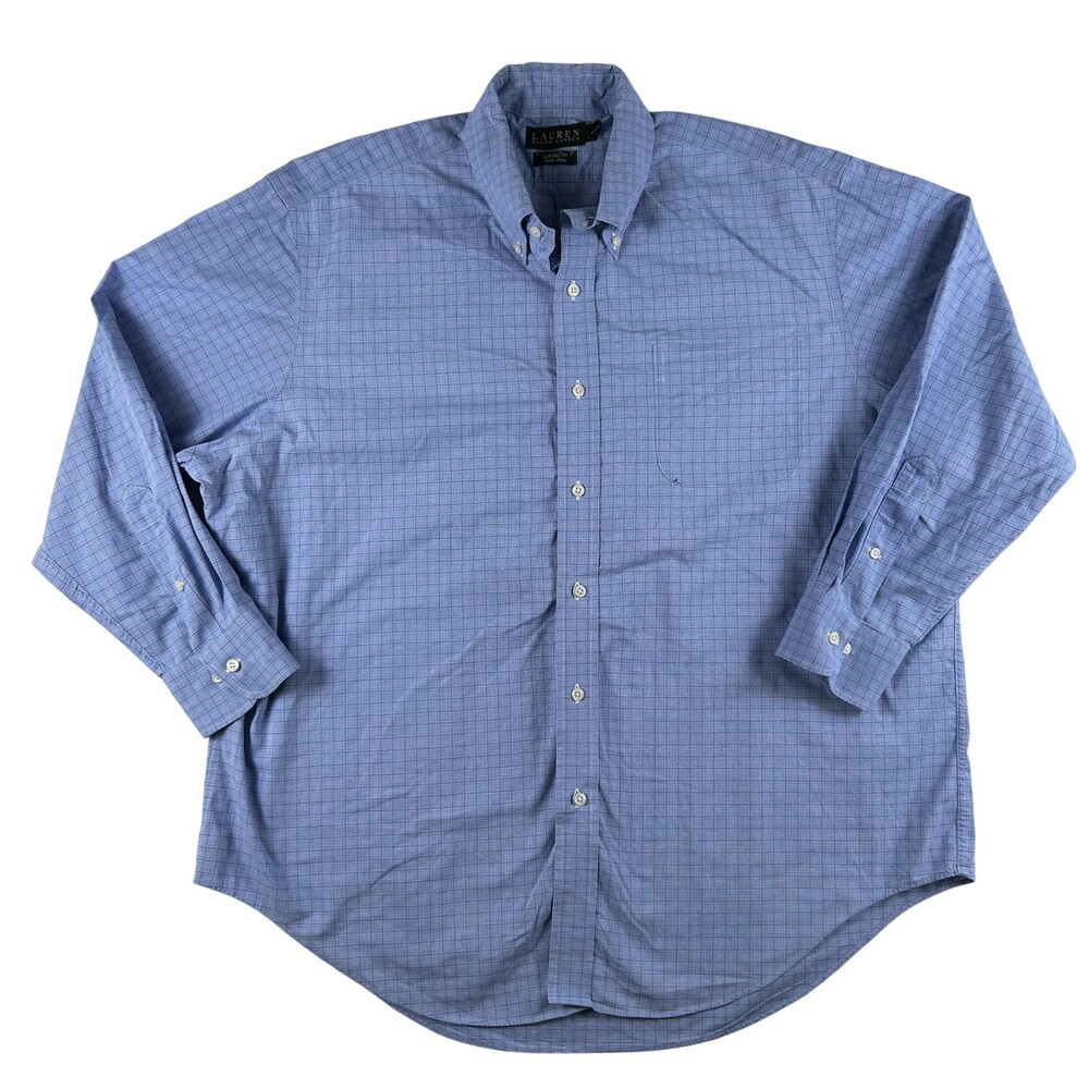 Lauren Ralph Lauren Dress Shirt Mens 17.5 32/33 Blue Check Classic Fit Non Iron